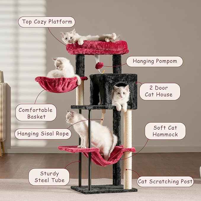 Cat Tree, Cat Tower for Indoor Cats, 43.3 inch Gothic Cat Tree Tower with Sturdy Steel Tube, Hammock, Cat Condo for Small Cats and Kittens, Scratching Post, Black and red GCT004SBR