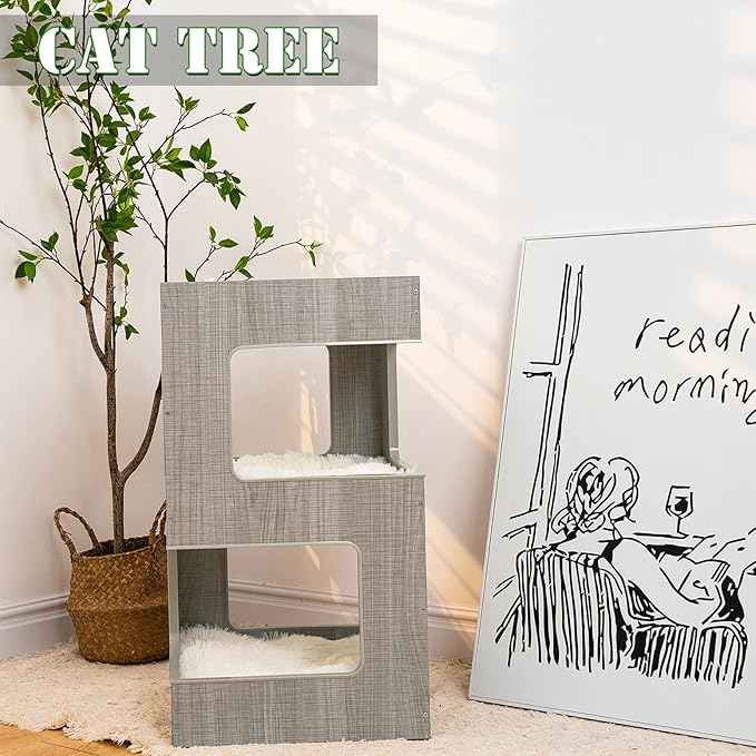ACH Modern Cat Furniture Cat Tree Spacious Perch Multi-Level Cat Tower for Indoor Cats 27.5 Inch Luxury Cat Tree Stand House for Kittens with Removable Soft Blanket and Condo