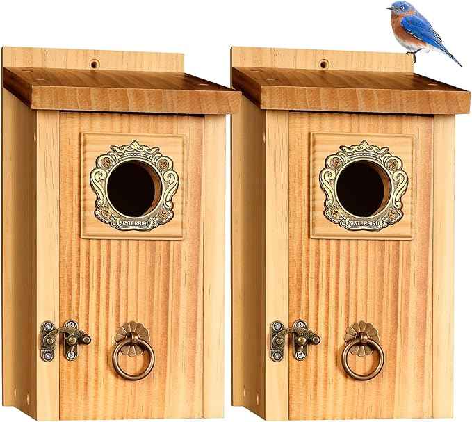 Premium Pack of 2 Bluebird Houses for Outside, Garden Bird Houses for Outdoor, Vintage Metal Predator Guard, Birdhouse Gift, Weatherproof Coating Bird Nesting, Assembly Required