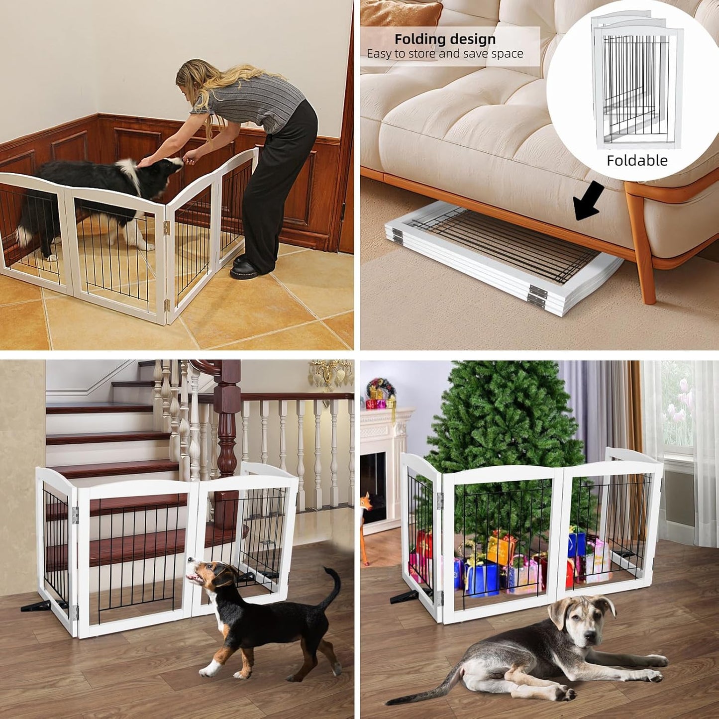 ZJSF Freestanding Dog Fence Indoor, Foldable Dog Gate for Doorways, Stairs or Hallways, Sturdy Wood Extra Wide Pet Gate with Support Feet for The House, White, 24 "Height-3 Panels