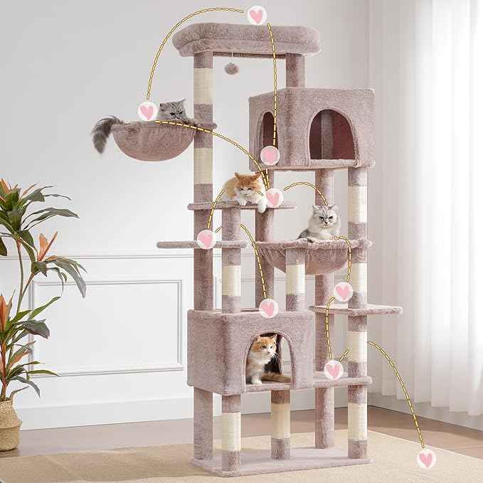 Heybly Cat Tree, 76-Inch Tall Heavy Duty Cat Tower for Big Cats with Extra Wide Baseboard, Multi-Level Large Cat Furniture with 2 Condos & 2 Hammocks, 10 Scratching Posts, Muchroom HCT039MU