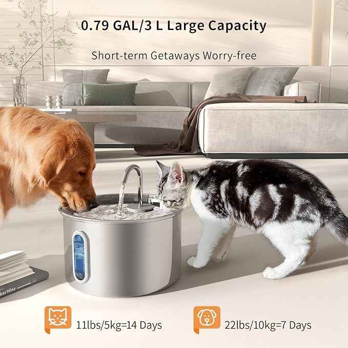Cat Water Fountain Stainless Steel,3 L/ 101 oz Pet Water Fountain with 5-Stage Circulating Filtration System,Cat Fountain with Quiet Pump for Cats, Dogs (4 Filters + 4 Sponges)