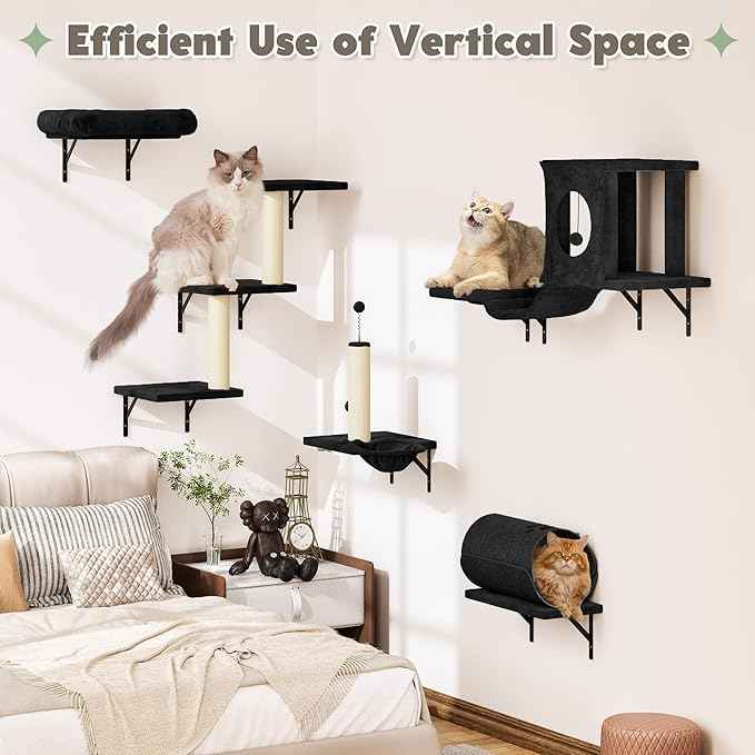 NUNU LAB Wall Mounted Cat Wall Shelves, 14-in-1 Cat Wall Climber with Bridge, Tunnel, House, Scratcher, Steps, Indoor Space-Saving Furniture for Kittens Play, Black