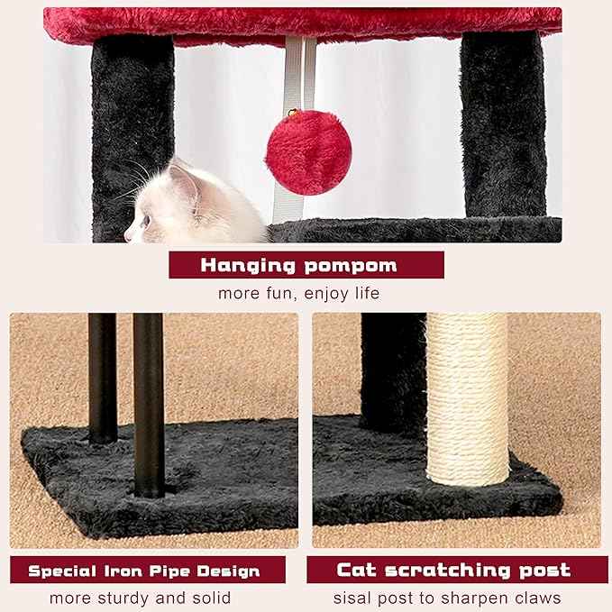 Cat Tree, Cat Tower for Indoor Cats, 43.3 inch Gothic Cat Tree Tower with Sturdy Steel Tube, Hammock, Cat Condo for Small Cats and Kittens, Scratching Post, Black and red GCT004SBR
