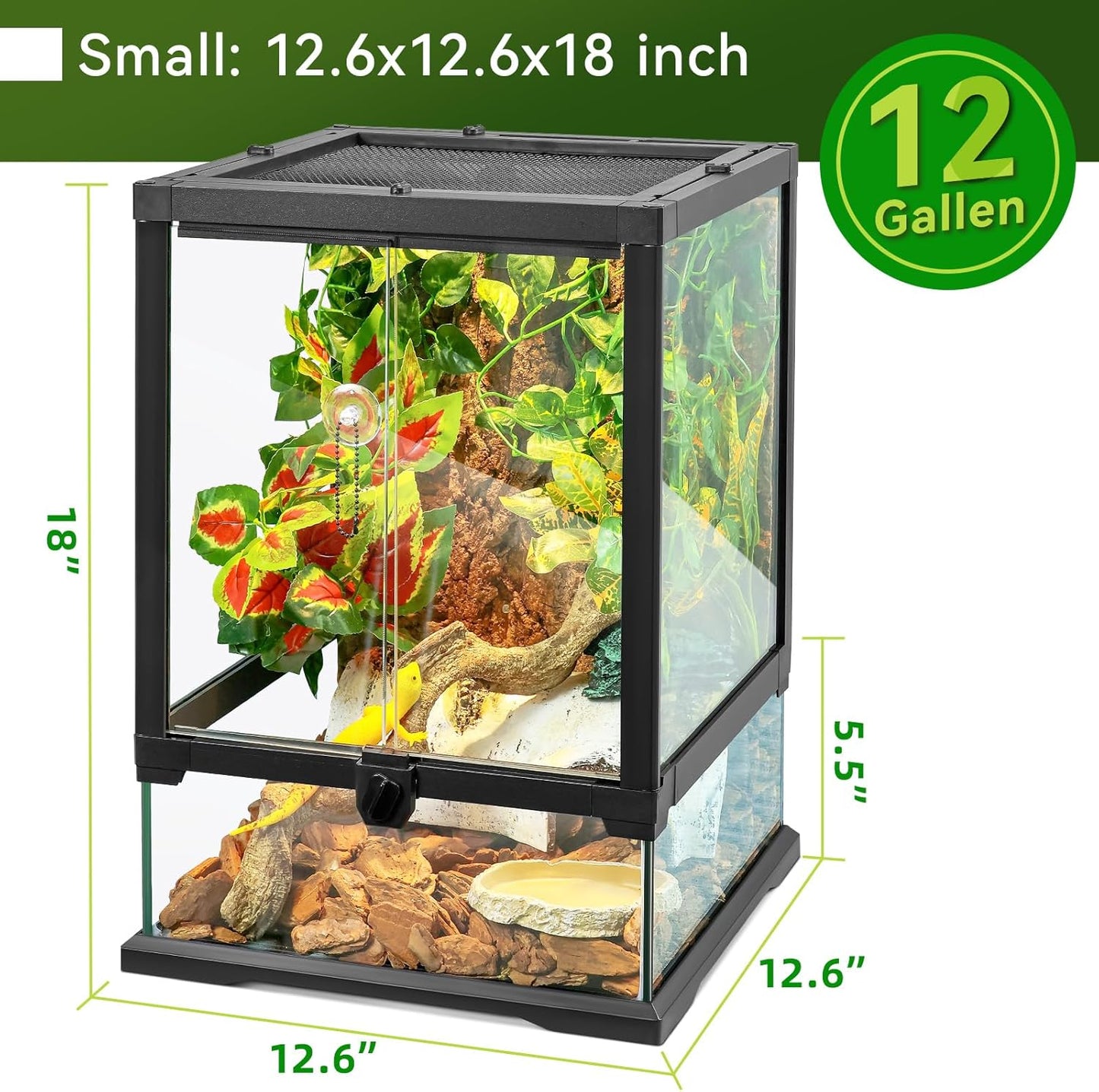 18x12x12 12 Gallon Glass Reptile Tank Front Opening Terrarium Suitable for Leopard Geckos, Snakes Tree Frogs Chameleons Watertight Base, Ventilated Metal Mesh Top, Pre-Drilled Cable Holes - FurryFun