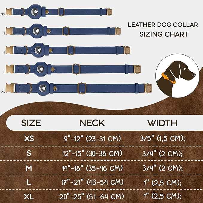 AirTag Dog Collar - Genuine Leather Dog Collar with Apple AirTag Holder and Metal Buckle - Smart GPS Tracking Pet Collars for Small Medium Large Dogs Puppy (Smoky Blue, S, 12"-15" Neck Fit)