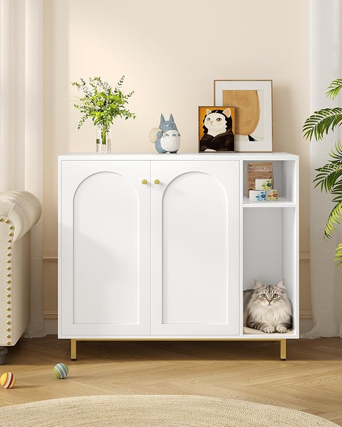 Extra Large Cat Litter Box Enclosure, Automatic Litter Box Furniture with Scratch Pad, Wooden Modern Self-Cleaning Cat Cabinet with Storage, Cats House, End Table, White and Gold CB87103G