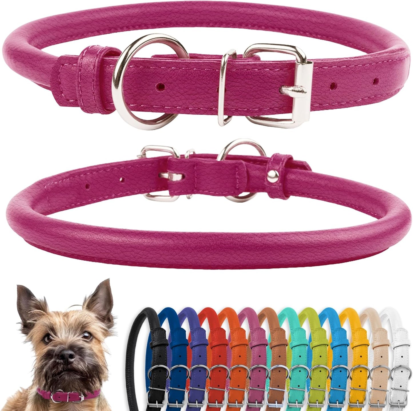 CollarDirect Rolled Leather Dog Collar, Soft Padded Round Puppy Collar, Handmade Genuine Leather Collar Dog Small Large Cat Collars 13 Colors (6-7 Inch, Pink Textured)