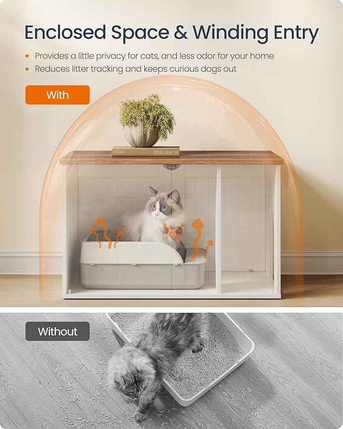 SONGMICS HOME Litter Box Enclosure, Superfast Toolless Assembly, Cat Litter Box Furniture, Push-to-Open Doors, Indoor Cat House, Rustic White and Honey Brown UPCL233WJ04S