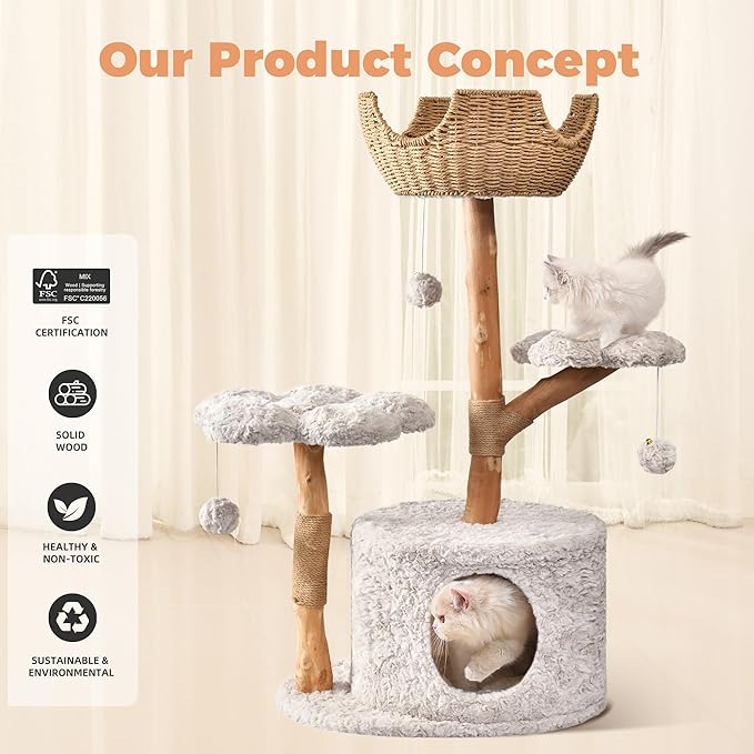 Easyego Modern Cat Tree, Aesthetic Wood Cat Tree Tower for Large Cats, Luxury Cat Condo with Scratching Posts and Flower Platforms, Cat Furniture by Easyego