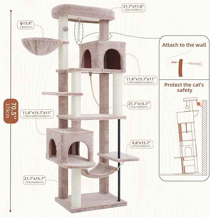 Cat Tree for Indoor Cats Large Adult, 70.5'' Cat Tower with Scratching Post, Sturdy Steel Pube Cat Tree Tower with Large Playing Platfrom, Hammock and Basket, Top Perch, Mushroom GCT024MU