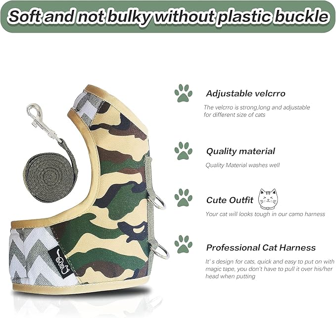 Cat Harness and Leash Set for Walking Escape Proof, Adjustable Cat Vest Harness, Padded Stylish Cat Walking Jackets, Camo Green, Small