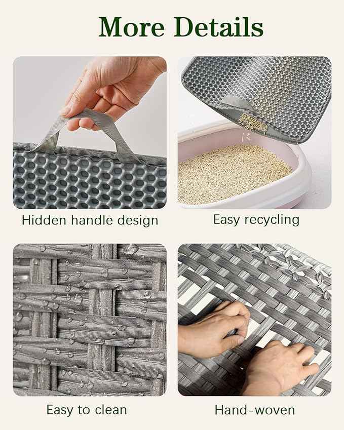 Cat Litter Box Enclosure Furniture, Handwoven Rattan Hidden Litter Box with Mat, Large Space Cat House with 2 S-Shaped Hooks 30.3 x 18.3 x 24.4 Inches, Indoor for Living Room Apartment Gray