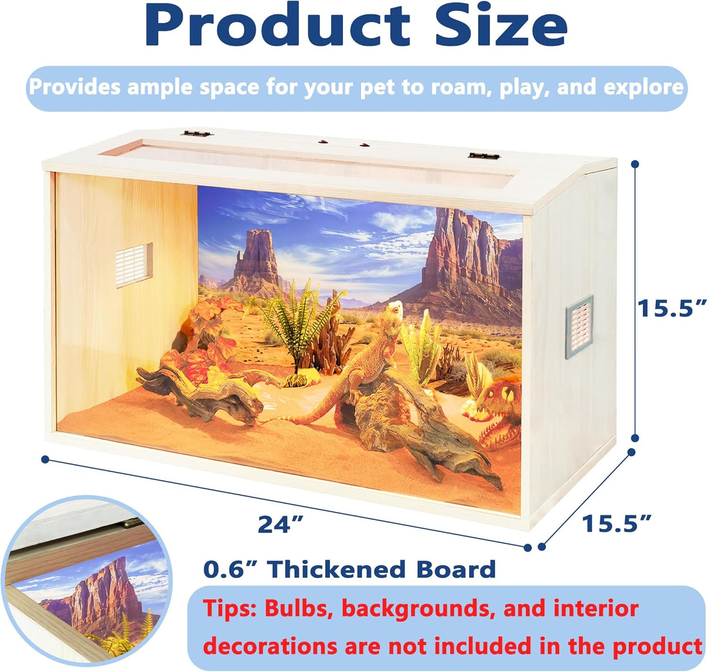 Prolee Reptile Terrarium, Lizard Tank Up to 68 Gallons, Bearded Dragon Tank with Roof Door, Snake Tank with Built-in Lamp Fixture and Switch (21 Gallon, 24" Long, Openable Wood Roof) - FurryFun