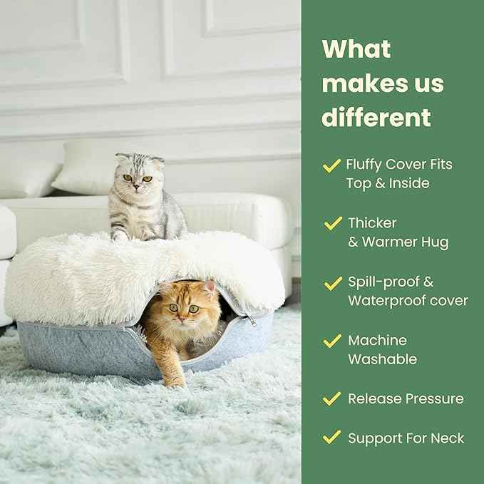 CATTASAURUS Peekaboo Cat Cave for Multiple & Large Cats Up to 30-45 Lbs, Fluffy Cat Beds for Indoor Cats, Scratch Detachable & Washable Tunnel Bed, Comfy Donut Cave (Light Gray, Large (Calming))