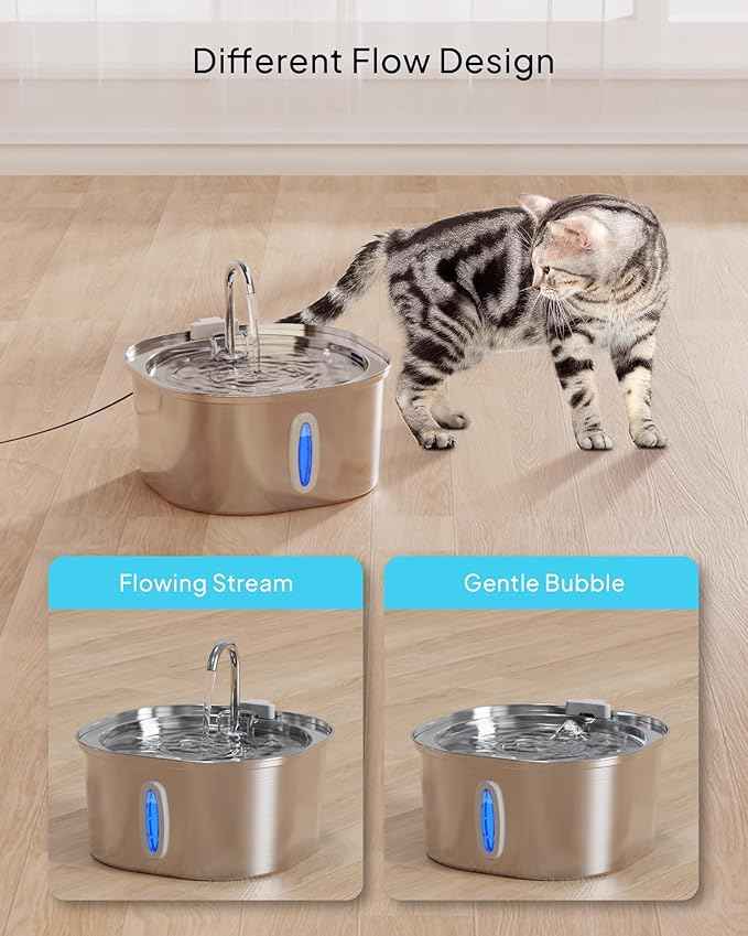 PEKTACO Stainless Steel Cat Water Fountain, 3.2L/108oz Cat Water Dispenser with Ultra-Quiet Water Pump and Water-Level Window, Dishwasher Safe Pet Drinking Fountain for Cats & Small Dogs