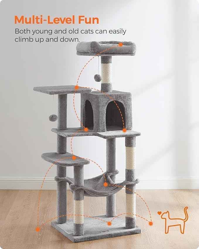 Feandrea Cat Tree, 55.1-Inch Cat Tower, Plush Multi-Level Condo with 4 Scratching Posts, 2 Perches, Hammock, Cave, Light Gray UPCT161W01