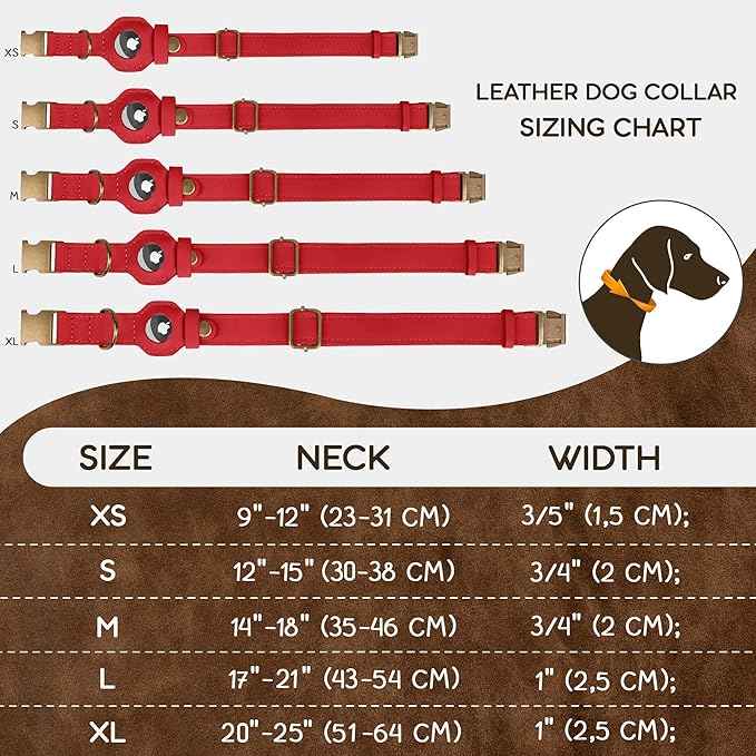 AirTag Dog Collar - Genuine Leather Dog Collar with Apple AirTag Holder and Metal Buckle - Smart GPS Tracking Pet Collars (Red, XS, 9"-12" Neck Fit)