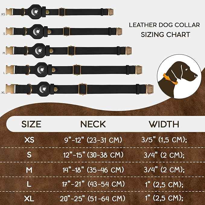 AirTag Dog Collar - Genuine Leather Dog Collar with Apple AirTag Holder and Metal Buckle - Smart GPS Tracking Pet Collars (Black, S, 12"-15" Neck Fit)