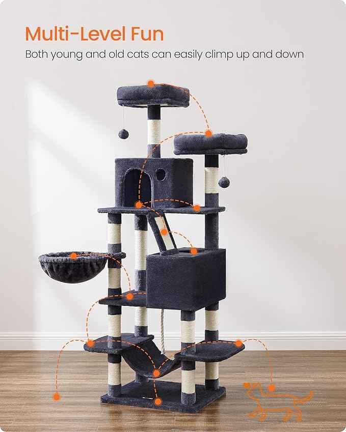 Feandrea Cat Tree, 66.1-Inch Large Cat Tower, Multi-Level Plush Condo with 13 Scratching Posts, 2 Perches, 2 Caves, Basket, Hammock, Pompoms, Smoky Gray UPCT165G01