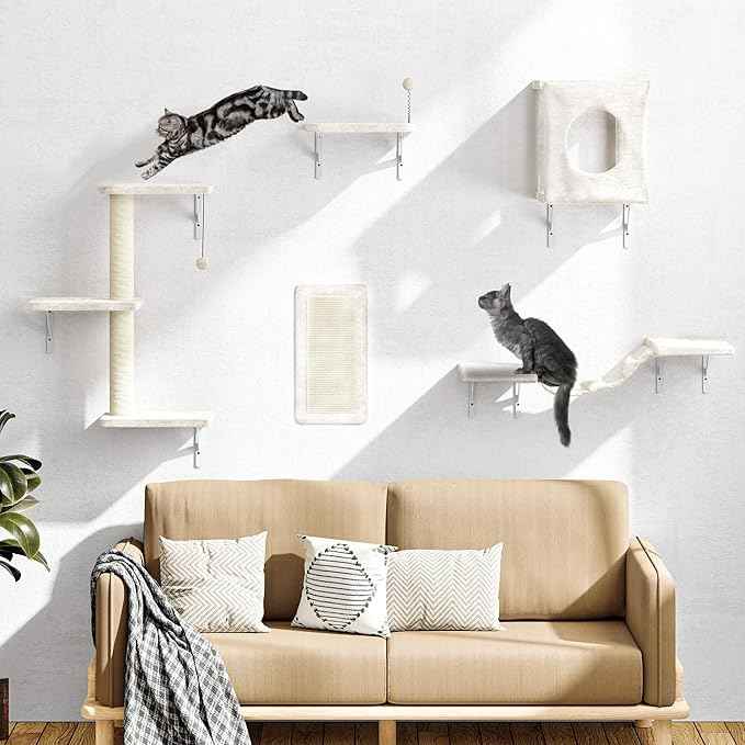 NUNU LAB Wall Mounted Cat Wall Shelves, 10-in-1 Cat Wall Climber with Kitten House, Bridge, Steps, Scratcher, Indoor Space-Saving Furniture for Kittens Play, Beige