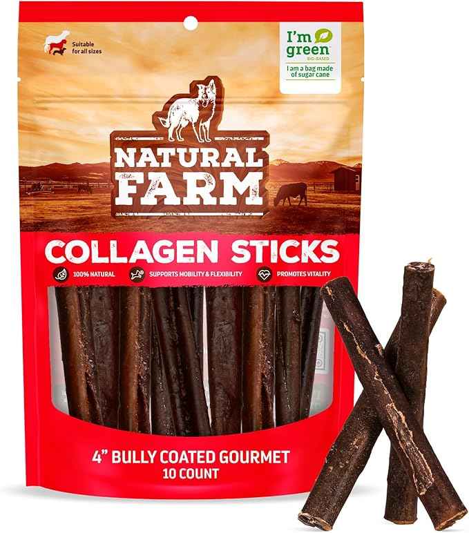 Natural Farm Bully Coated Gourmet Collagen Sticks (4 Inch, 10 Pack), Real Bully Beef Coated, 95% Natural Collagen Dog Chews, Supports Healthy Joints, Skin & Coat - Best for Small & Medium Dogs