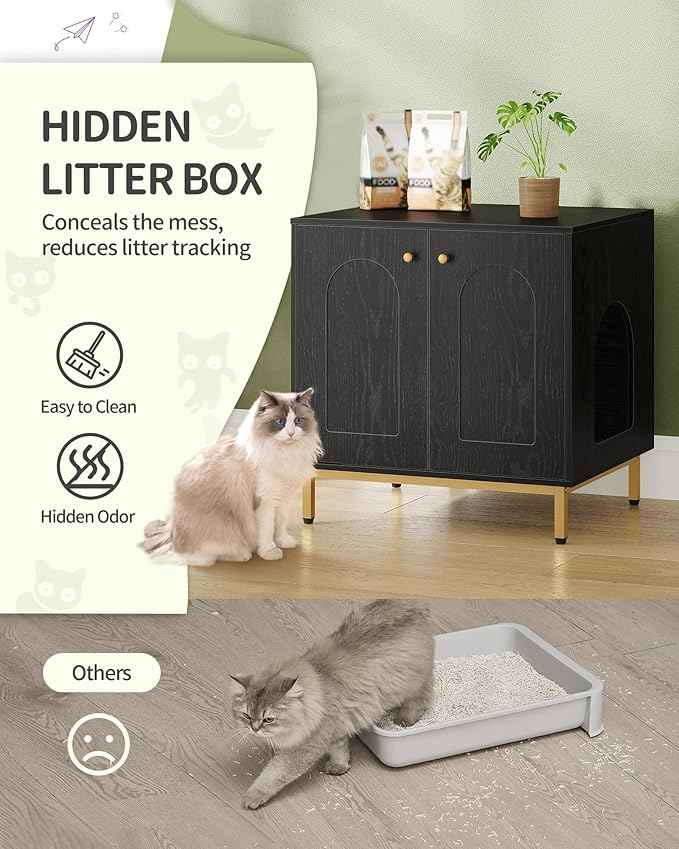 Cat Litter Box Enclosure, Hidden Litter Box Furniture Cabinet, Wooden Indoor Cat House, Side End Table, Living Room, Bedroom, Black and Gold CB81204G