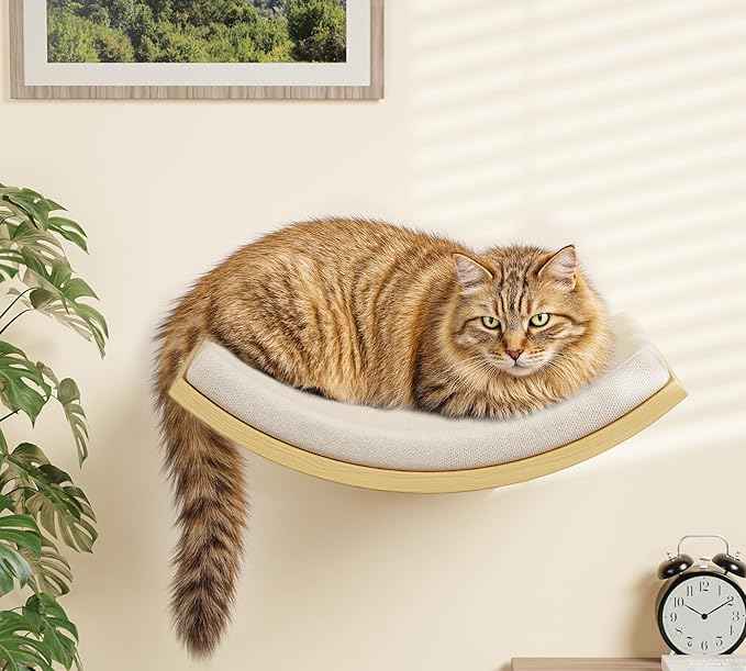 Cat Wall Shelves with Cats Window Perch – 4-Piece Wooden Cat Climbing Furniture Set with Soft Foam Curved Bed, Flat Shelf & 2 Wall 4-Steps Ladders