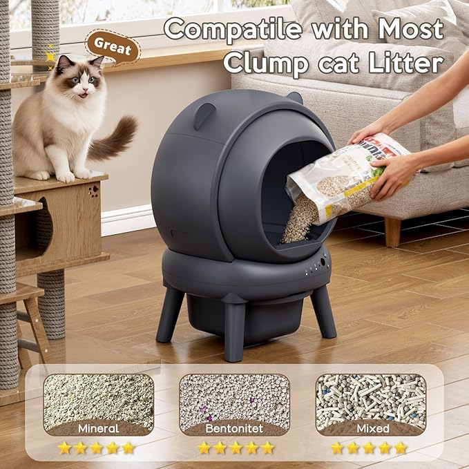 Automatic Litter Box for Multiple Cats, Large Capacity Self Cleaning Litter Box with App Control, Odor & Noise Control, Dual Safety Sensors, Easy Maintenance with 2 Roll Garbage Bags, Gray