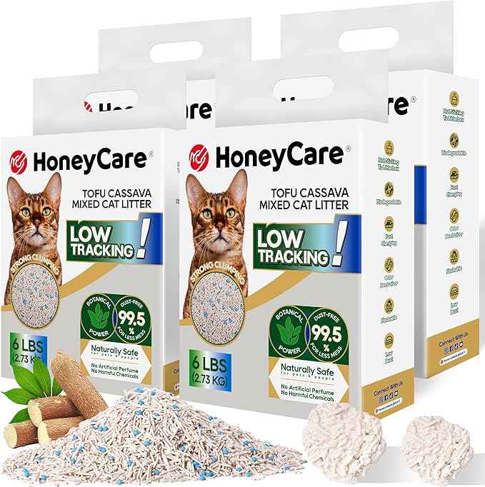 HoneyCare Cassava Tofu Mixed Cat Litter I Quick Clumping, Odor Control, Plant-Based Natural Ingredients, Non-Stick, Low Tracking, & Low Dust, 24 Lbs (4 Packs)