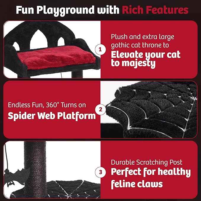 Gothic Cat Tree - 28in Black Cat Condo with Regal Throne Bed, Spooky Hanging Bat and Durable Sisal Scratching Post - Goth Cat Tree for Majestic Rest