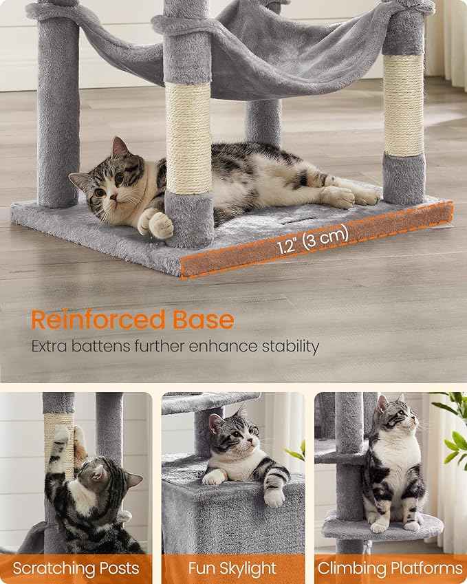 Feandrea Cat Tree, 73.2-Inch Tall Cat Tower, Plush Multi-Level Condo with 5 Scratching Posts, 2 Perches, 2 Caves, Hammock, 2 Pompoms, Light Gray UPCT191W01