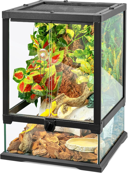 18x12x12 12 Gallon Glass Reptile Tank Front Opening Terrarium Suitable for Leopard Geckos, Snakes Tree Frogs Chameleons Watertight Base, Ventilated Metal Mesh Top, Pre-Drilled Cable Holes - FurryFun