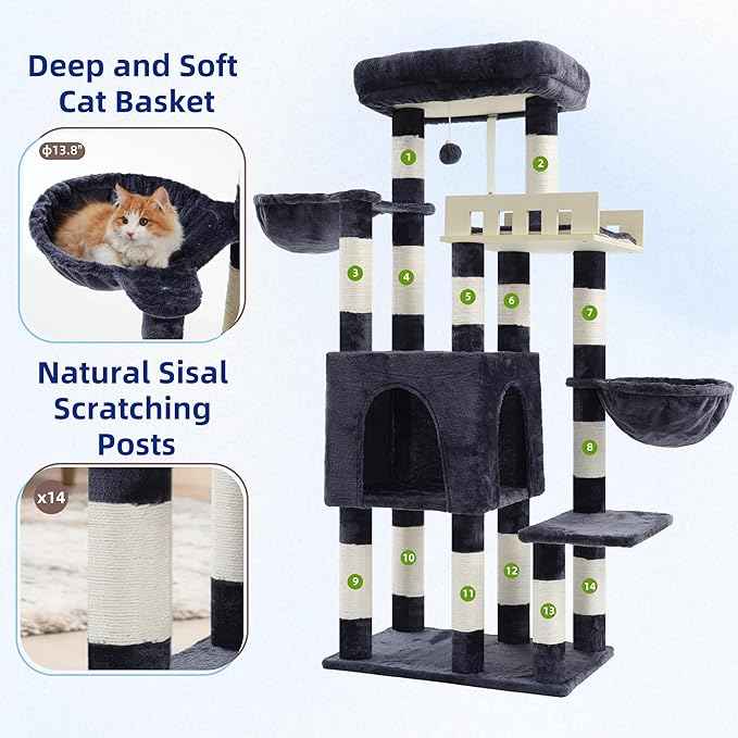 Cat Tree for Indoor Cats Large Adult, Heavy Duty Cat Tree for Large Cats 20 lbs+, Cat Condo with Big Wooden Perch, Cat Tower with 14 Scratching Posts, Hammock, Smoky Gray GCT023G