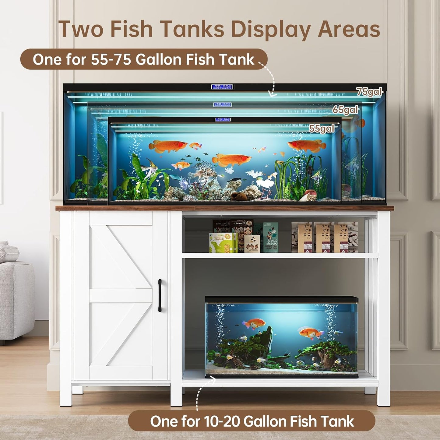 Aquarium Stand with Power Outlets, 55-75 Gallon Heavy Duty Fish Tank Stand with Cabinet Storage & Adjustable Shelf, for Fish Tank, Turtle Tank, Reptile Terrarium, 1000LBS Capacity, White