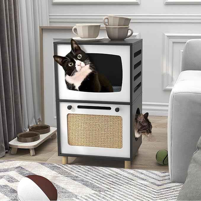 TaoHFE Cat Hideaway Modern Cats Furniture for Living Room Cat Houses for Indoor Cats with Scratching Pad & Soft Cushion, Cats Beds for Indoor TV Design end Table, Black