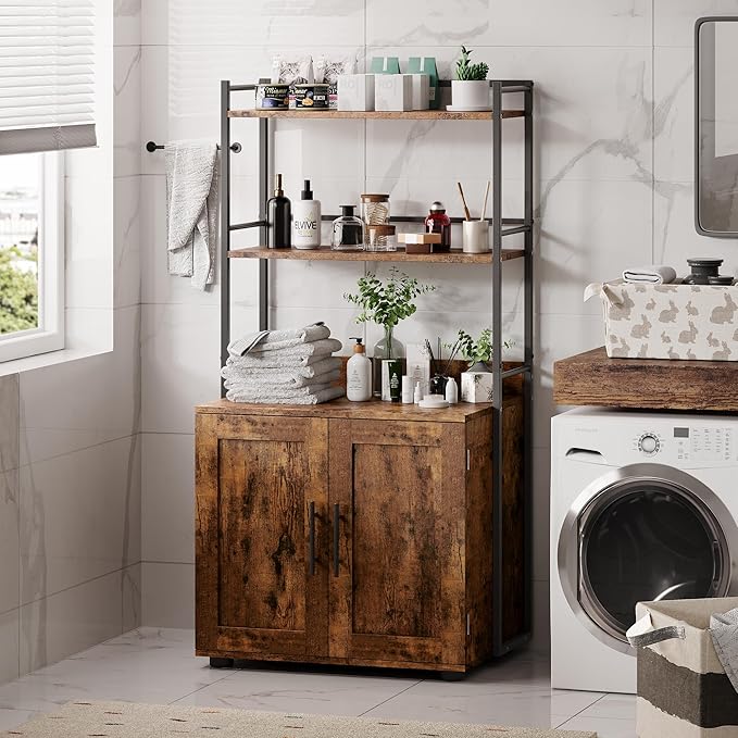 Cat Litter Box Enclosure, Hidden Litter Box Furniture with 3 Storage Shelves and Doors, Rustic Indoor Cat Cabinet, Multi-Functional Storage for Food, Cats Toilet Furniture