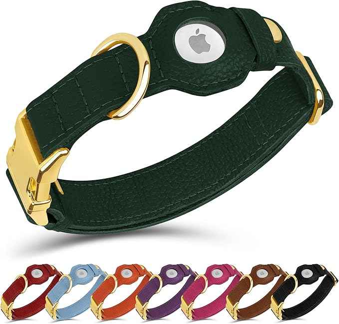 Leather Airtag Dog Collar - Soft Tracking Dog Collar with Apple AirTag Holder and Metal Buckle - Safety GPS Pet Collars for Small Medium Large Dogs Puppy Pink Red (Green, L, 17"-21" Neck Fit)