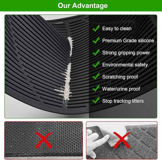 Gosmol Cat Litter Mat XXL 38" x 25" Extra Large Waterproof Trapping Mat with Raised Points, Easy Clean Litter Mat, Non-Slip Silicone Cat Mats for Litter Boxes & Floor-Black