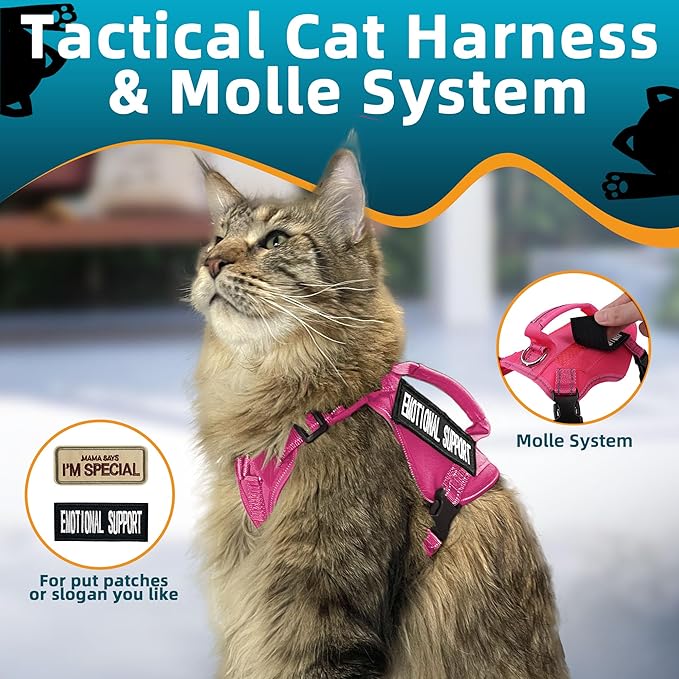 Tactical Cat Harness Pink for Walking Esacpe Proof,Adjustable Soft Mesh Large Cat Vest with Rubber Handle Easy to Control,Molle Patches L