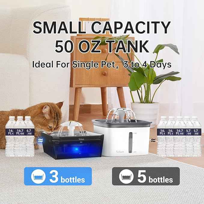 Veken Award-Winning Small Pet-Friendly Cat Water Fountain with Stainless Steel Lid & Quiet Pump, Easy to Clean & Assemble, 50oz Mini Water Dispenser Gifts for Cats and Small Animals, Silver