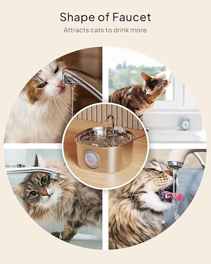 PEKTACO Cat Water Fountain, Pet Water Fountain for Cats/Dogs Indoor, Stainless Steel Cat Drinking Fountains with Water Level Window and 6 Filters + 6 Sponges(3.2L/108oz)
