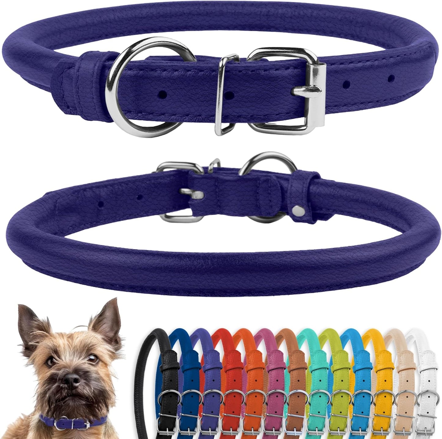 CollarDirect Rolled Leather Dog Collar, Soft Padded Round Puppy Collar, Handmade Genuine Leather Collar Dog Small Large Cat Collars 13 Colors (8-11 Inch, Purple Textured)