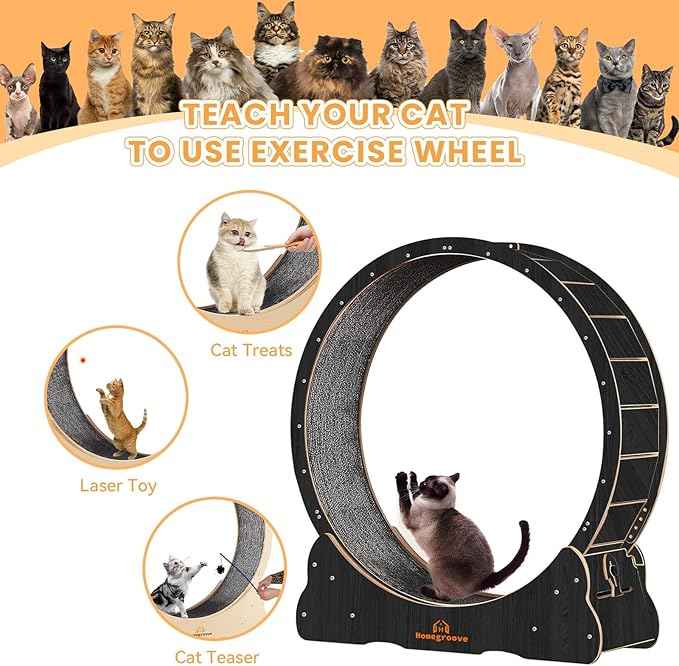 Homegroove Cat Wheels for Indoor Cats, 43" Large Cat Exercise Running Treadmill Wheel with Carpeted Runway for Kitty’s Longer Life, Black(L)