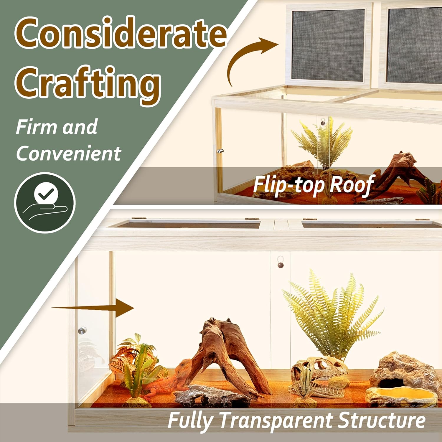 PROLEE Tempered Glass Bearded Dragon Tank,63 Gallon Reptile Tank with Meatl Mesh Roof and Front Sliding Door, Anti-Scratch Lizard Tank,Spacious Reptile Enclosure for Snakes,Lguanas, Chameleons (Oak) - FurryFun