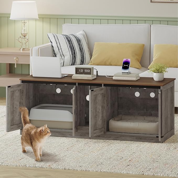 55" L Cat Litter Box Enclosure for 2 Cats, Double Hidden Litter Box Furniture with Scratch Pad, Wooden Cat Cabinet with USB Ports & Power Outlets, Farmhouse TV Stand, Greige CB82505X
