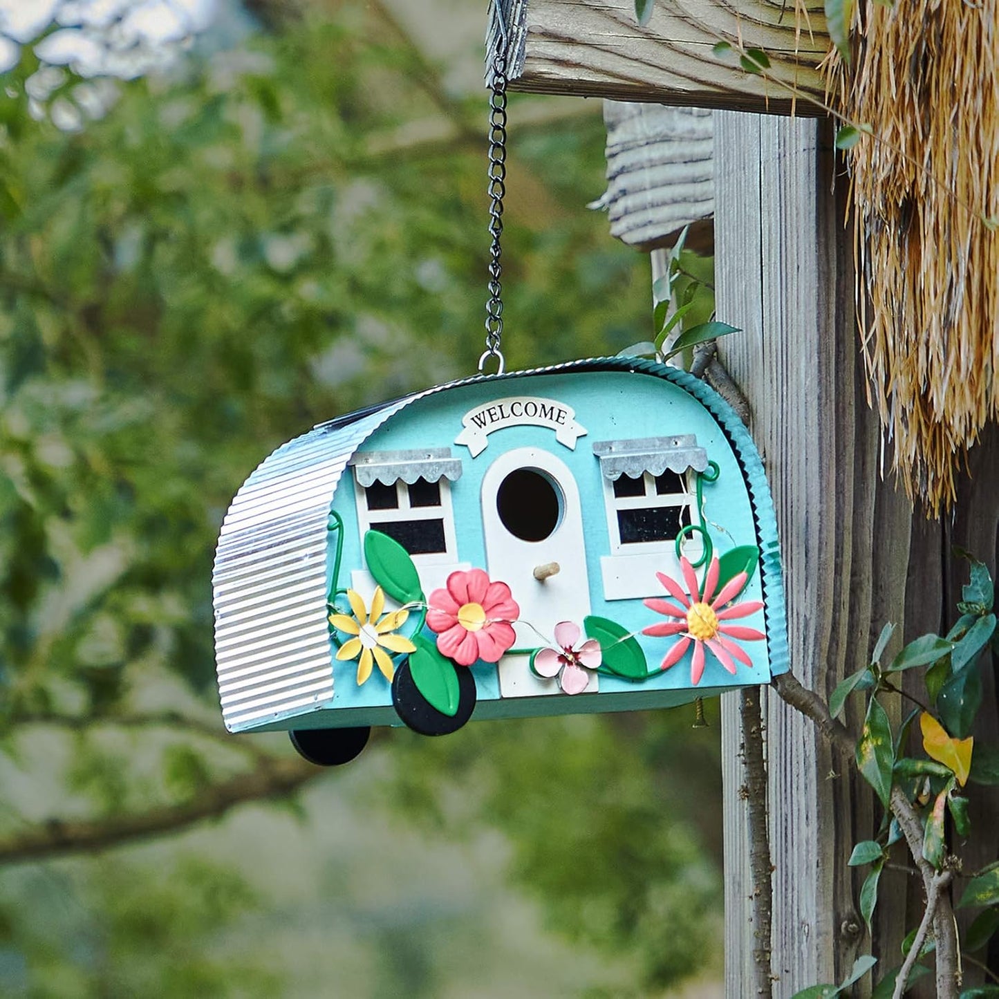 BAYN Bird Houses for Outside Decorative with 10 LEDs Solar String Lights Humming Bird Houses for Outside Hanging Handwork Bird Nest Garden Decor Outdoor