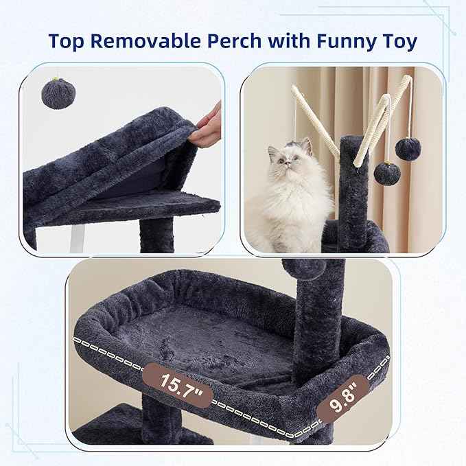 Cat Tree for Indoor Cats, Cat Tower with Scratching Post for Small Cats and Kittens, Cat House with Removable Top Platform and Fluffy Balls, Hanging Cat Basket, Smoky Gray GCT006SG