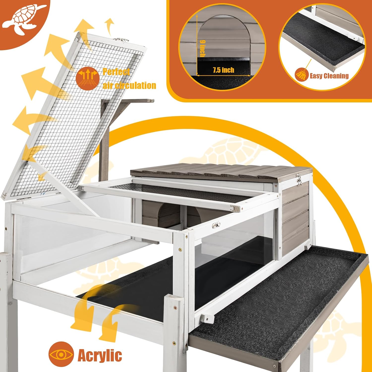 Tortoise Habitat Large Wooden Tortoise Enclosure Habitat with No-Leaking Tray Indoor & Outdoor, Reptile Cage for Small Animals TOR03-Grey - FurryFun