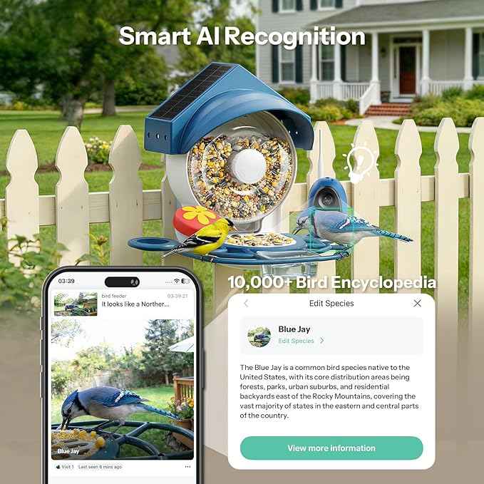 Smart Bird Feeder with Camera - 2K HD Smart Bird Feeder, Solar Powered Outdoor Birdhouse with Easy Clean Design for Backyard Birding & Wildlife Bird Watching, Gift for BirdLover (Blue)
